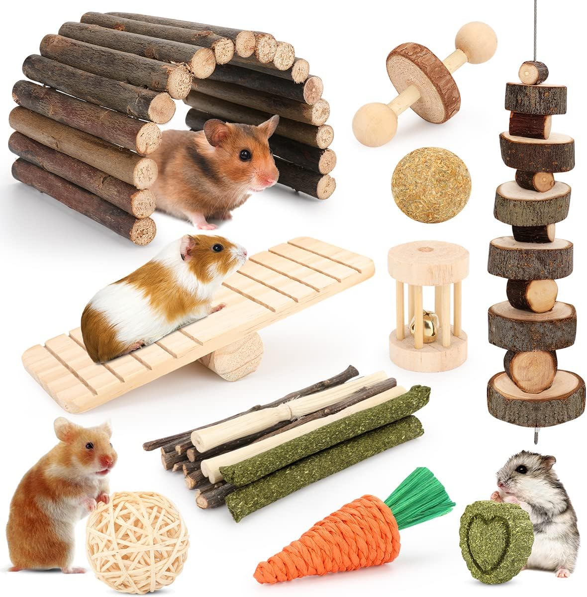 12 Assorted Chew Toys for Hamster Cage Equipment – Perfect for Guinea Pigs, Chinchillas, Gerbils, Mice, Rats, Rabbits, and Bunnies, That includes a Pure Molar Instruments Hideout Seesaw