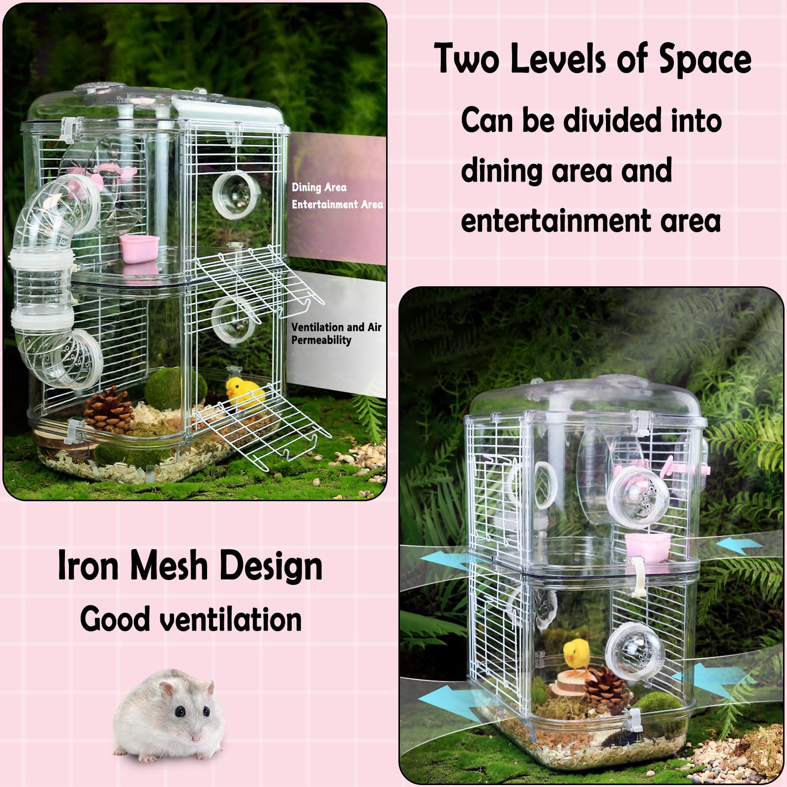 Two-Tier Small Animal Habitat with Water Bottle, Tube Tunnel, Wheels, and Hamster Equipment