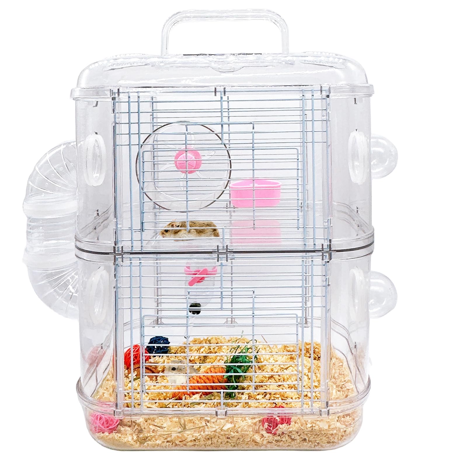 Two-Tier Small Animal Habitat with Water Bottle, Tube Tunnel, Wheels, and Hamster Equipment