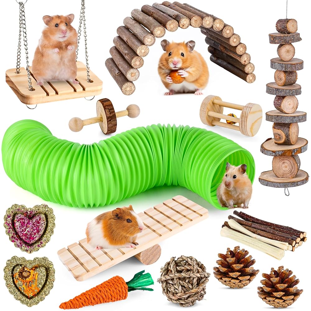 VESPRO Small Animal Toy Set: Chew Toys for Hamsters, Guinea Pigs, Rats, Chinchillas, Gerbils, and Rabbits – Consists of Apple Wooden and Timothy Hay for Dental Care