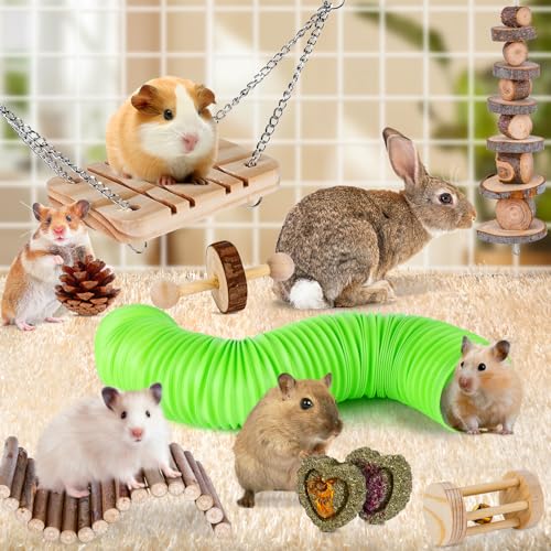 VESPRO Small Animal Toy Set: Chew Toys for Hamsters, Guinea Pigs, Rats, Chinchillas, Gerbils, and Rabbits - Consists of Apple Wooden and Timothy Hay for Dental Care