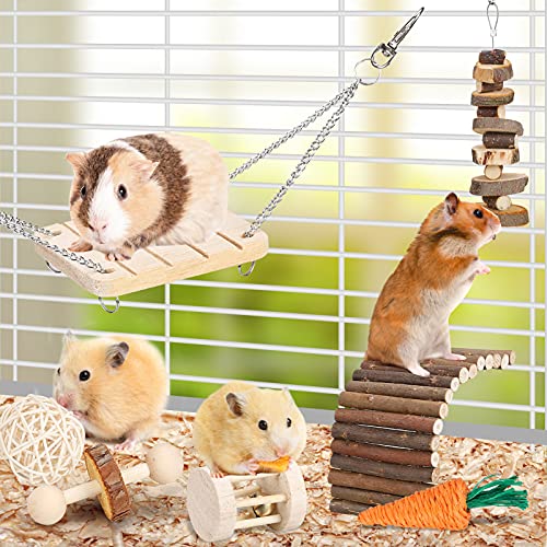 Wood Chew Toy Set for Small Animals - Molar Care Equipment for Hamsters, Guinea Pigs, Chinchillas, Gerbils, Mice, and Rats - Consists of Toy Swing, Seesaw, and Bridge