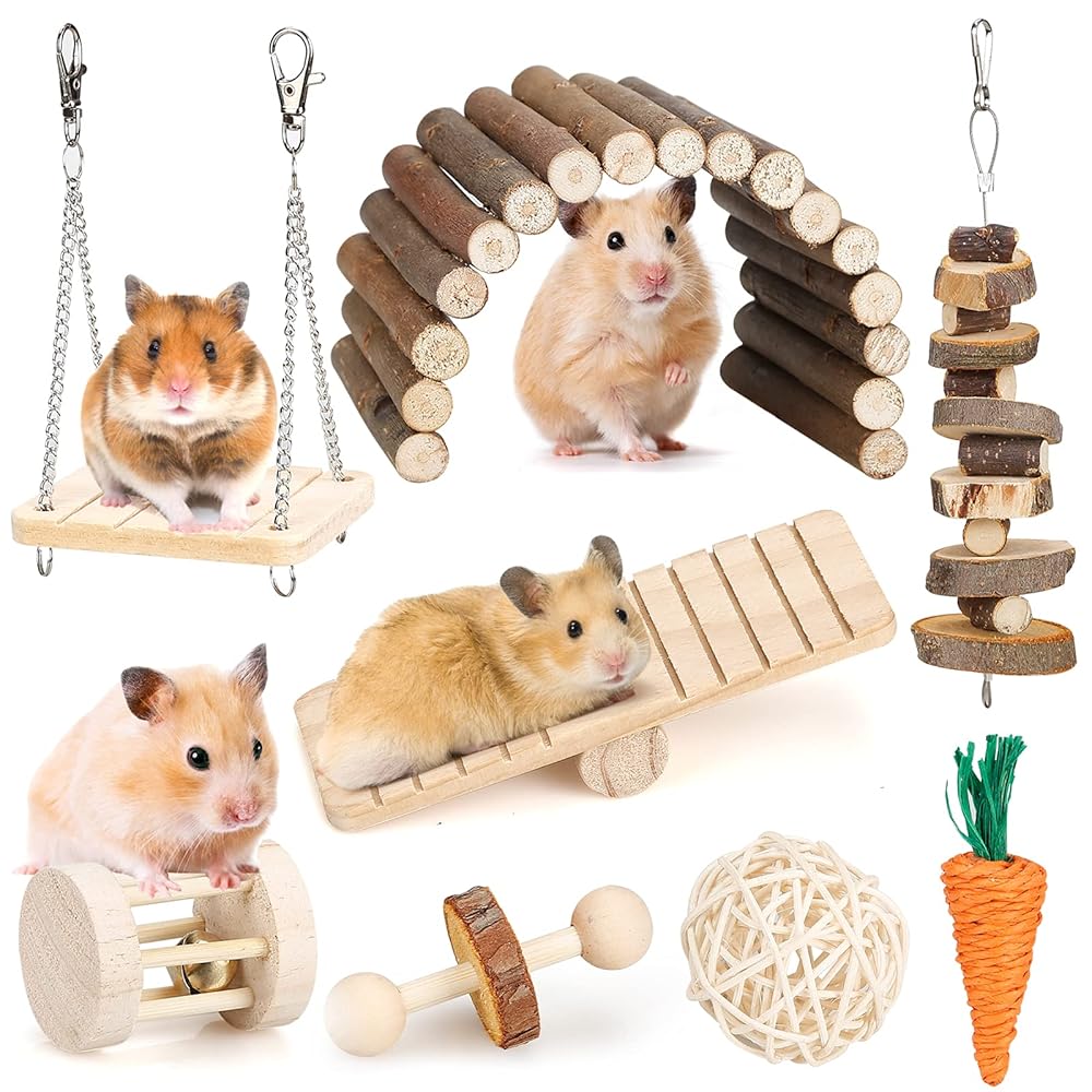 Wood Chew Toy Set for Small Animals – Molar Care Equipment for Hamsters, Guinea Pigs, Chinchillas, Gerbils, Mice, and Rats – Consists of Toy Swing, Seesaw, and Bridge